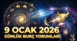 9 Ocak 2026 günlük burç yorumları için kozmik arka planda 12 burç sembolü ve Ay'ın Boğa enerjisini simgeleyen astroloji görseli.