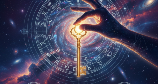 Gökyüzünde parlayan galaksiler arasında altın anahtar tutan el, astrolojik finansal başarıyı temsil eder.